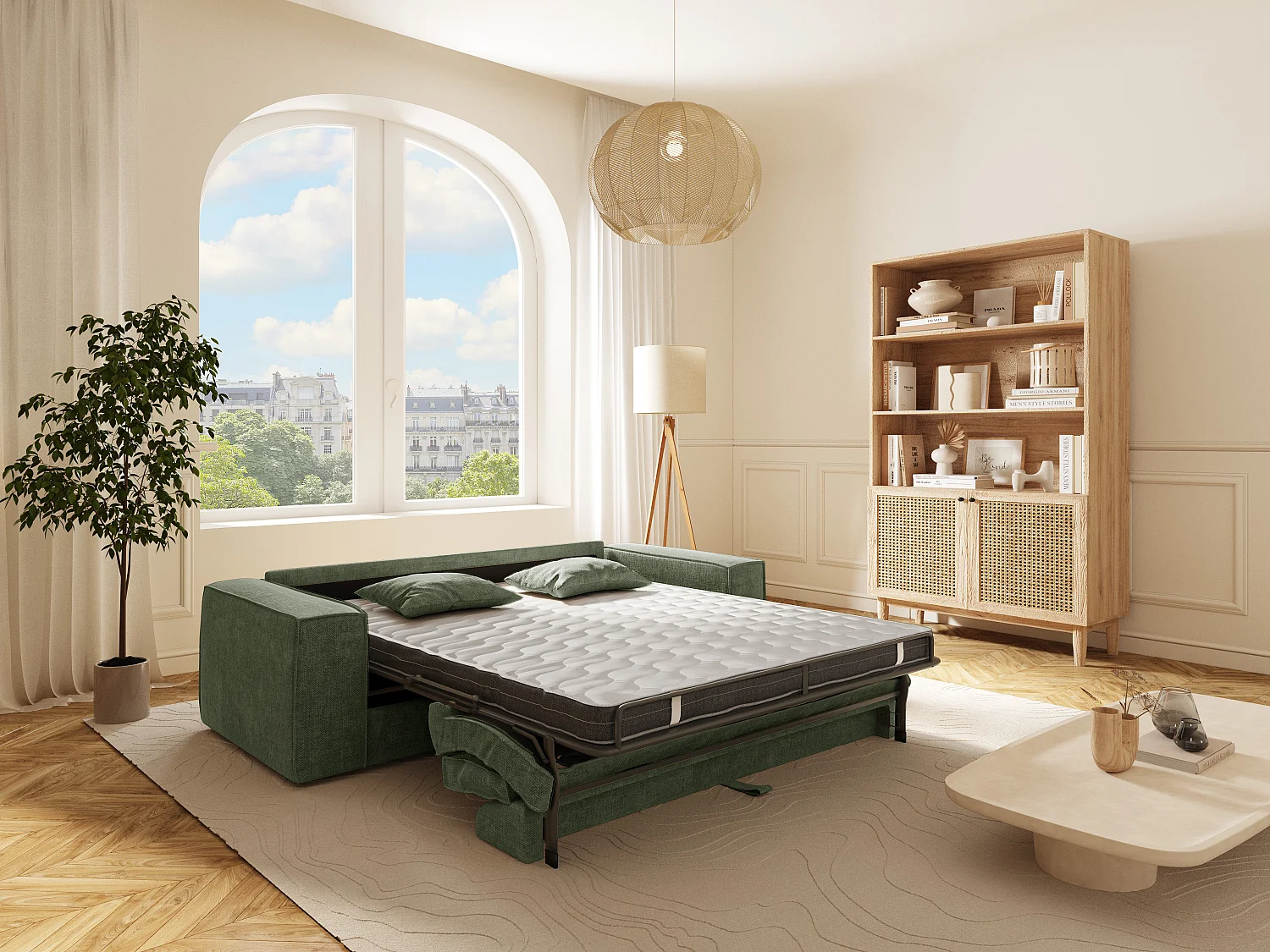 Canapé 4 places convertible express en tissu vert sapin - Couchage 160 cm - Matelas 13 cm avec mémoire de forme - AMELIA