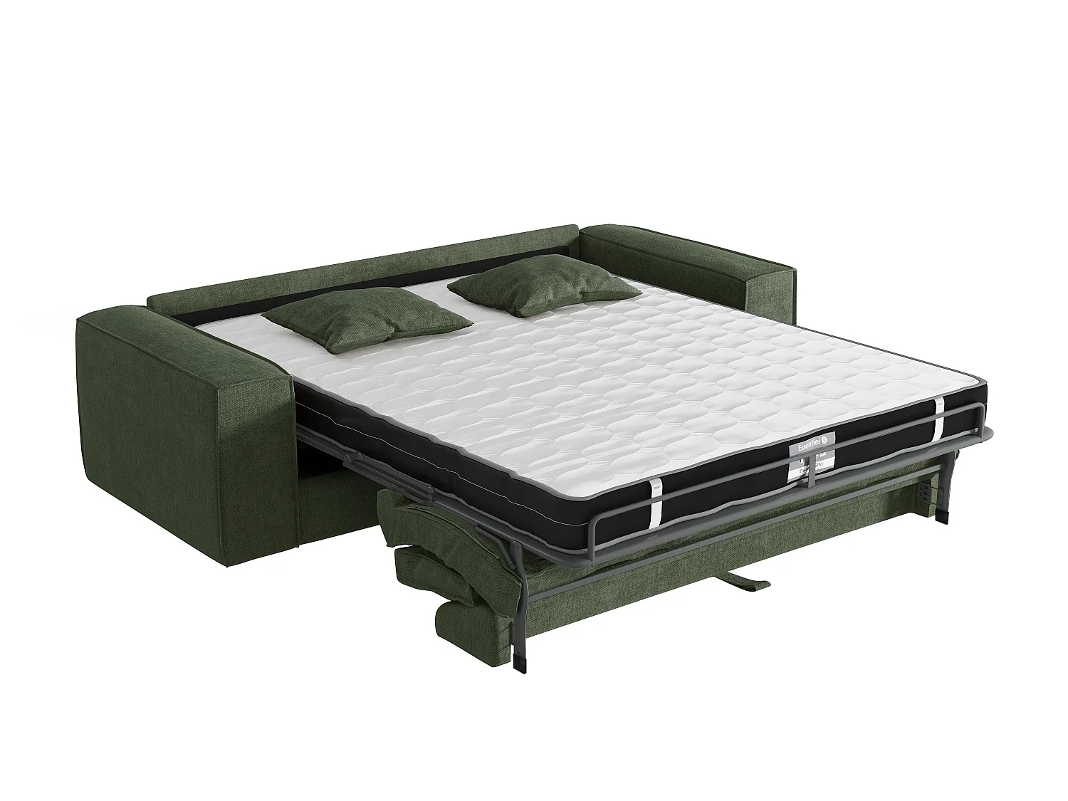 Canapé 3 places convertible express en tissu vert sapin - Couchage 140 cm - Matelas 16 cm avec mémoire de forme - AMELIA
