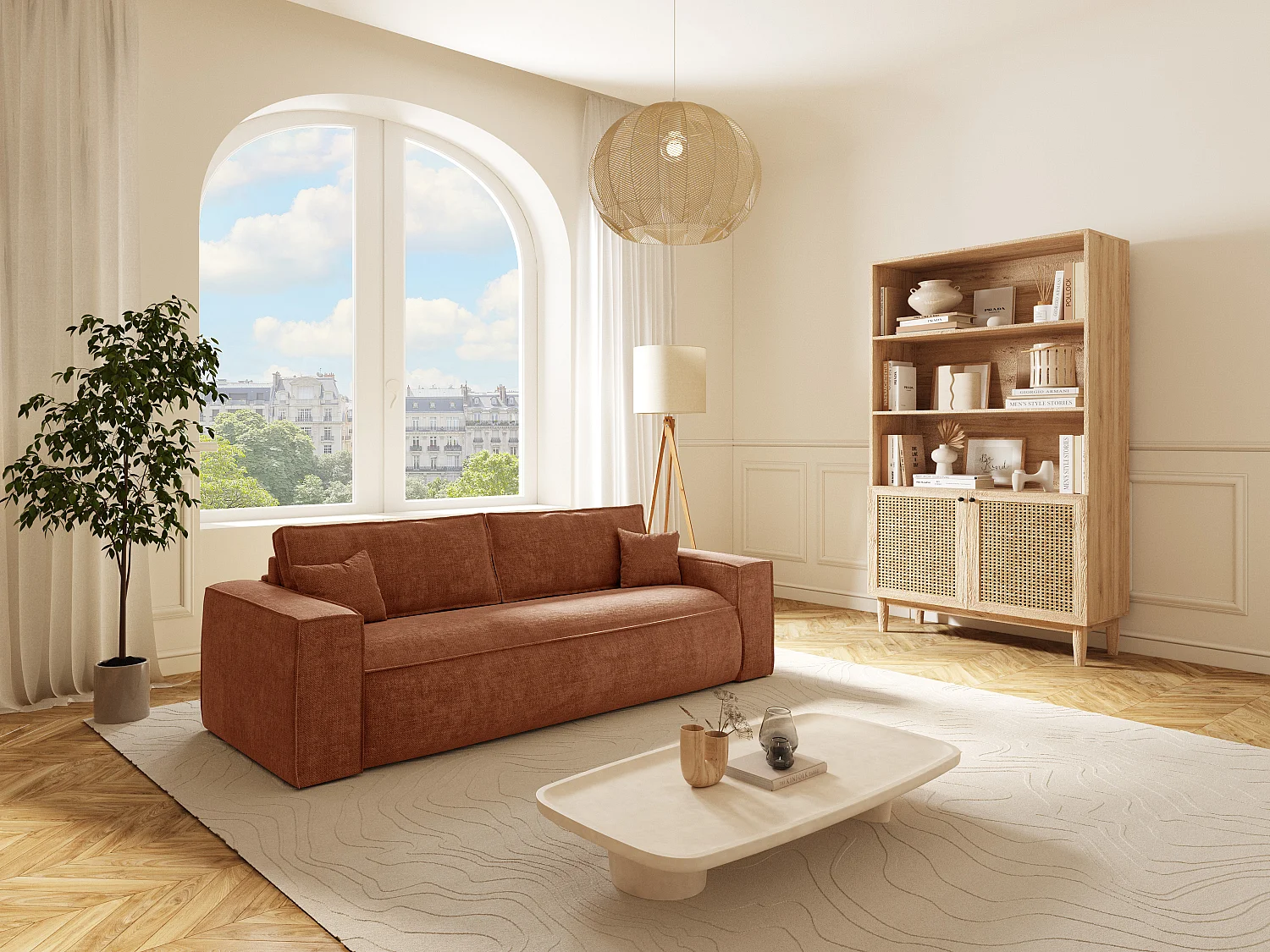 Canapé 3 places convertible express en tissu terracotta - Couchage 140 cm - Matelas 13 cm avec mémoire de forme - AMELIA