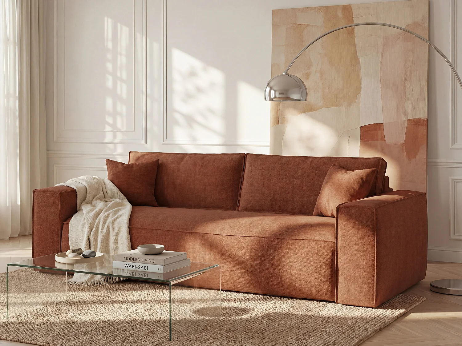 Canapé 4 places convertible express en tissu terracotta - Couchage 160 cm - Matelas 13 cm avec mémoire de forme - AMELIA