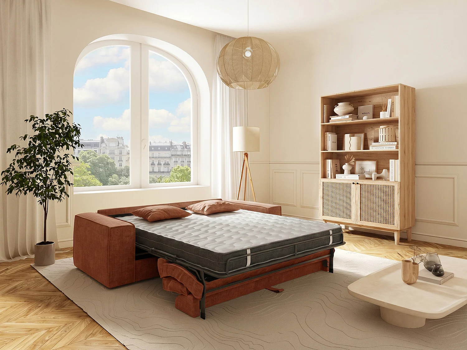 Canapé 4 places convertible express en tissu terracotta - Couchage 160 cm - Matelas 16 cm avec mémoire de forme - AMELIA
