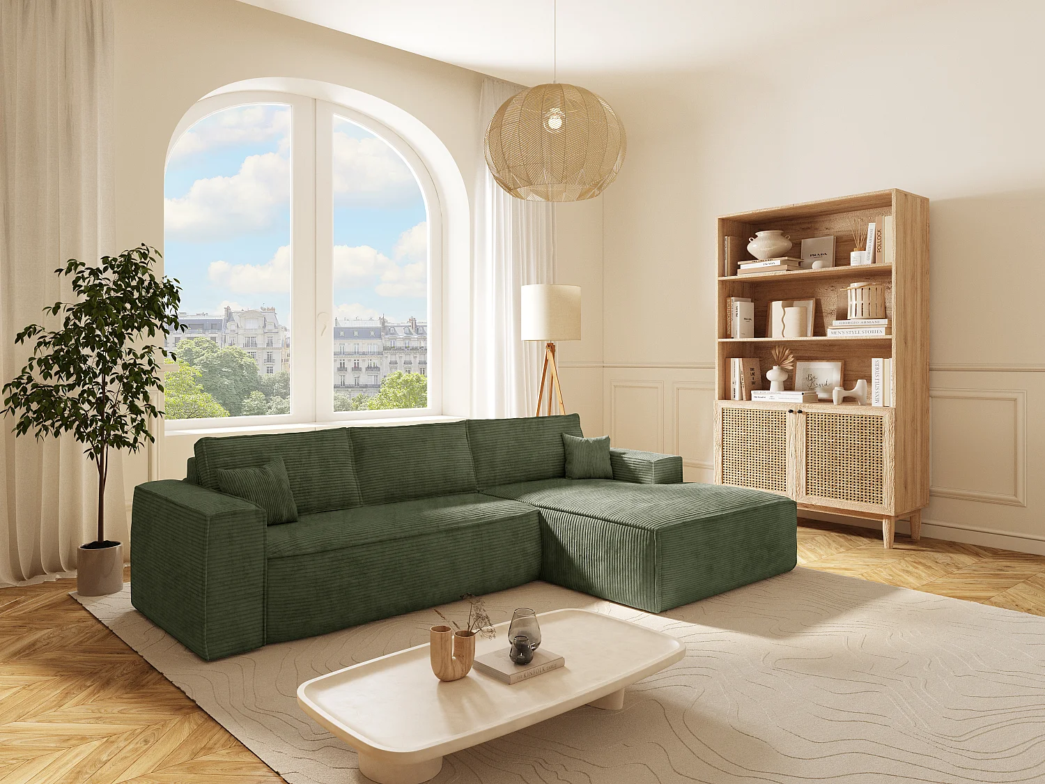 Canapé d'angle droit convertible express en velours côtelé vert sapin - Couchage 140 cm - Matelas 13 cm avec mémoire de forme - AMELIA