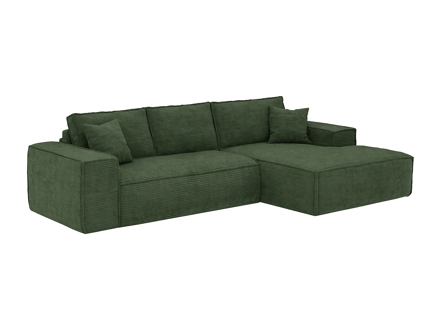 Canapé d'angle droit convertible express en velours côtelé vert sapin - Couchage 140 cm - Matelas 13 cm avec mémoire de forme - AMELIA