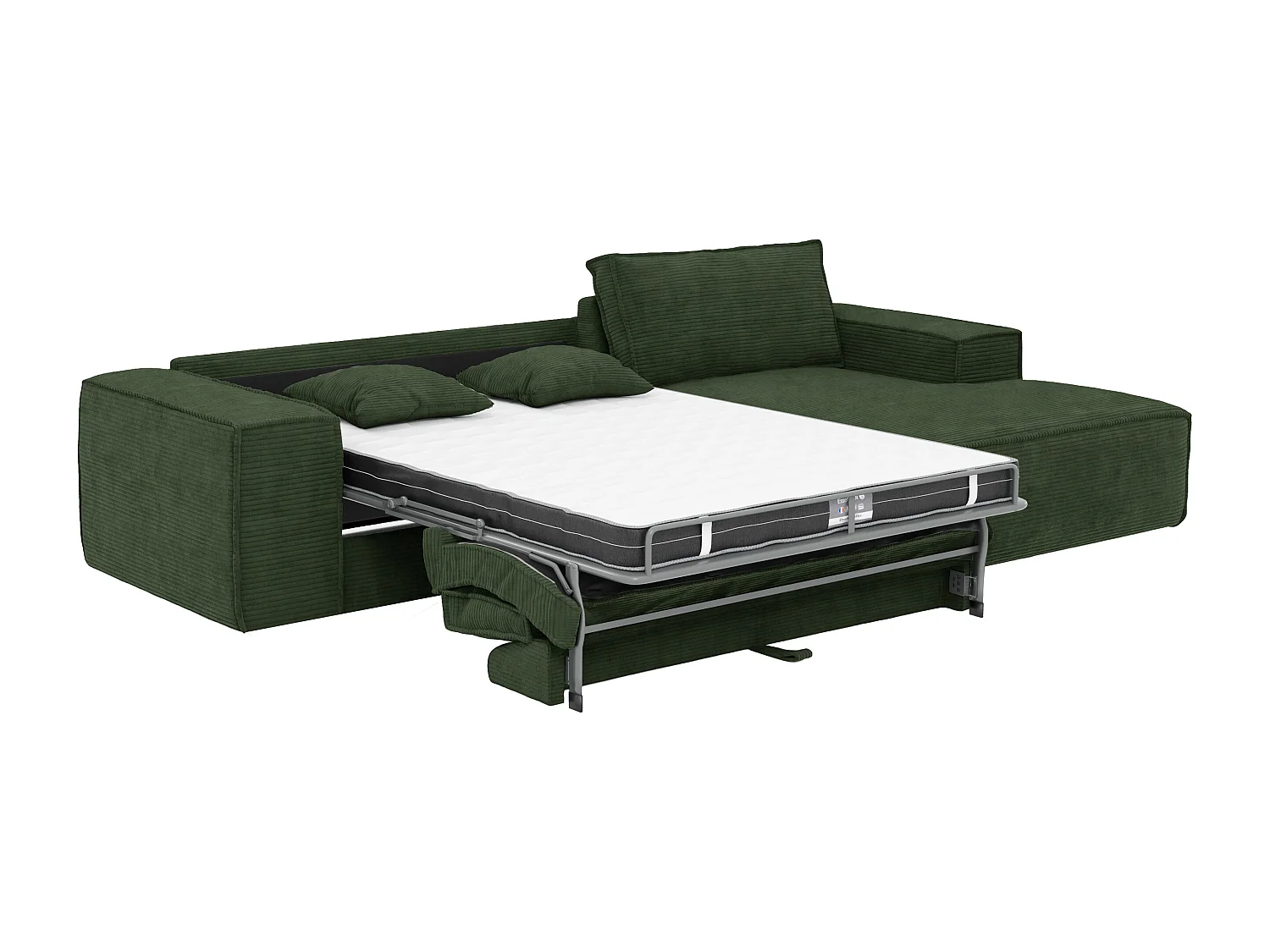 Canapé d'angle droit convertible express en velours côtelé vert sapin - Couchage 140 cm - Matelas 13 cm avec mémoire de forme - AMELIA