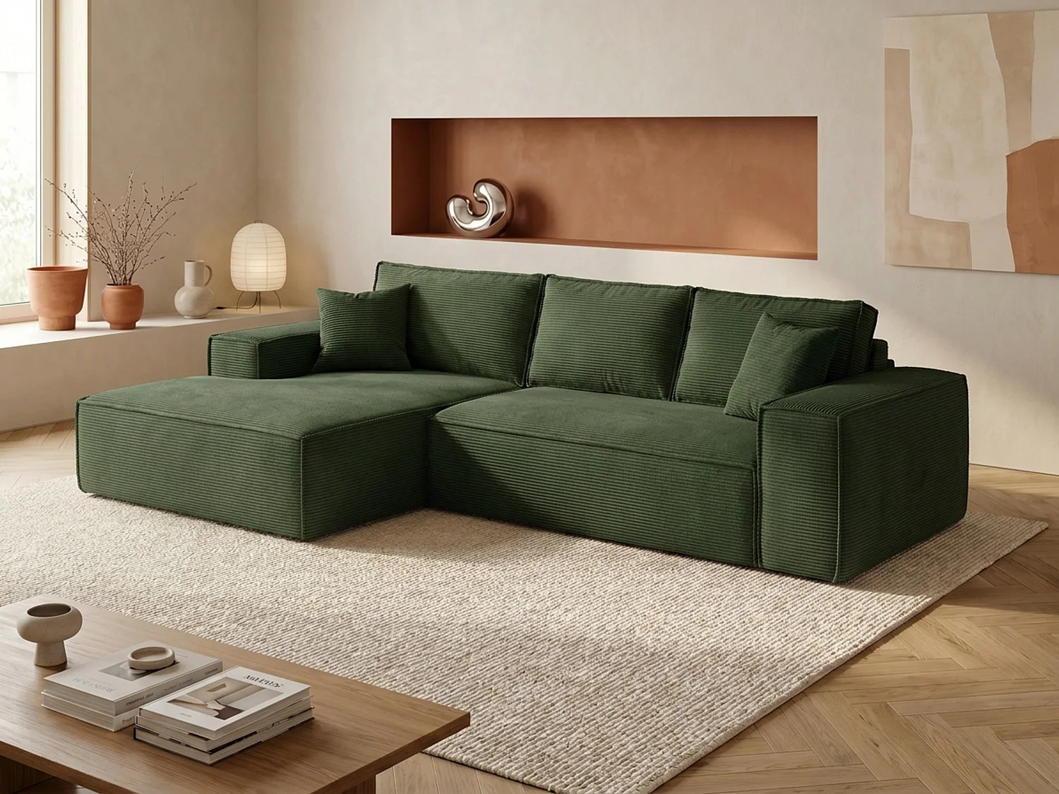Ecksofa - Ecke rechts - mit Express-Schlaffunktion aus tannengrünem Cord-Samt – Liegefläche 140 cm – 13 cm Matratze mit Memory-Schaum – AMELIA