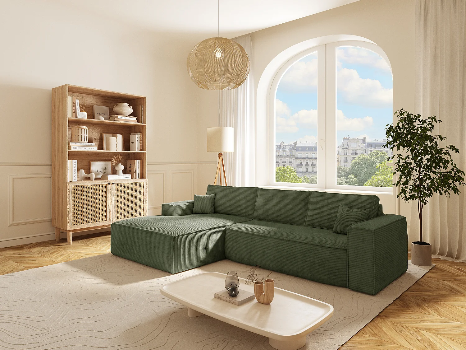 Canapé d'angle gauche convertible express en velours côtelé vert sapin - Couchage 140 cm - Matelas 13 cm avec mémoire de forme - AMELIA