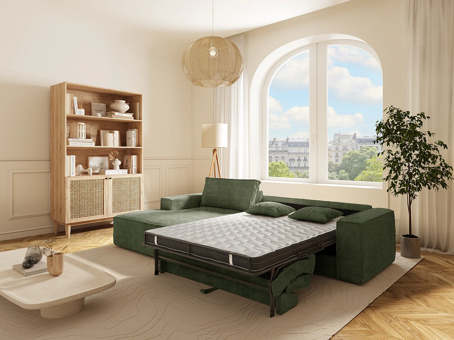 Canapé d'angle gauche convertible express en velours côtelé vert sapin - Couchage 140 cm - Matelas 13 cm avec mémoire de forme - AMELIA