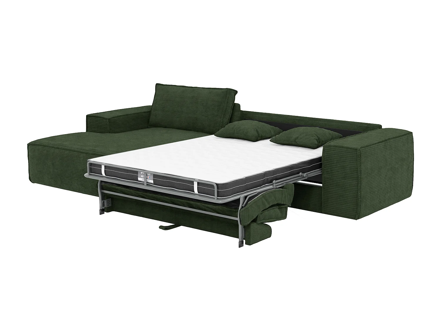 Canapé d'angle gauche convertible express en velours côtelé vert sapin - Couchage 140 cm - Matelas 13 cm avec mémoire de forme - AMELIA