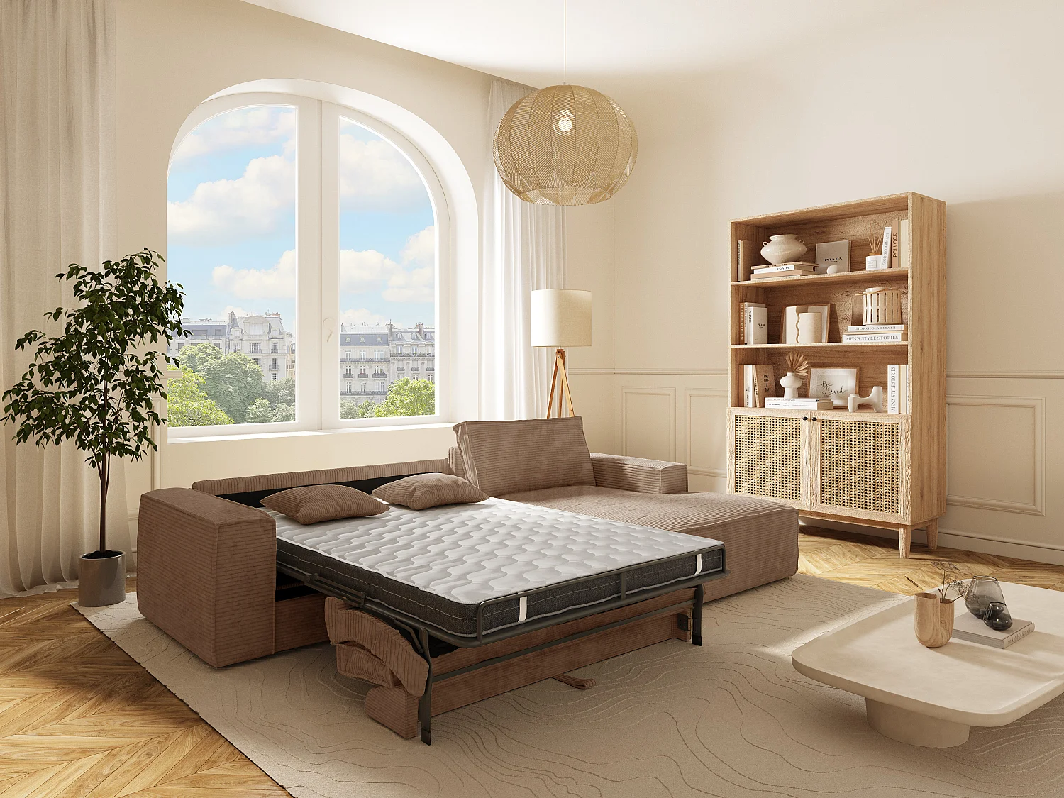 Canapé d'angle droit convertible express en velours côtelé taupe - Couchage 140 cm - Matelas 13 cm avec mémoire de forme - AMELIA