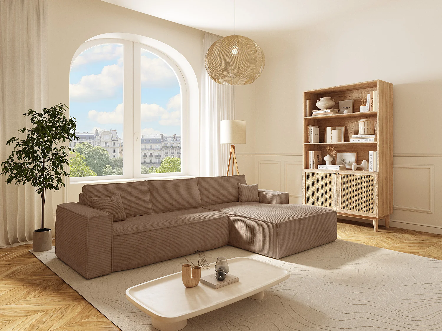 Canapé d'angle droit convertible express en velours côtelé taupe - Couchage 140 cm - Matelas 13 cm avec mémoire de forme - AMELIA