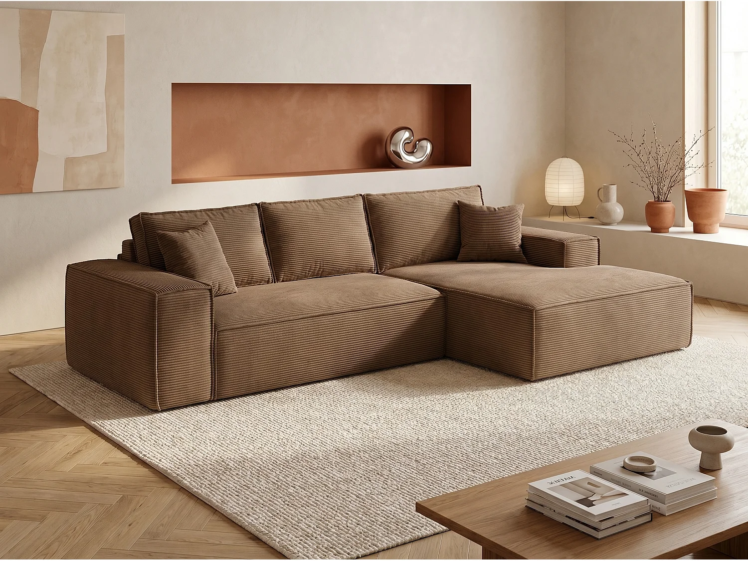 Canapé d'angle droit convertible express en velours côtelé taupe - Couchage 140 cm - Matelas 13 cm avec mémoire de forme - AMELIA