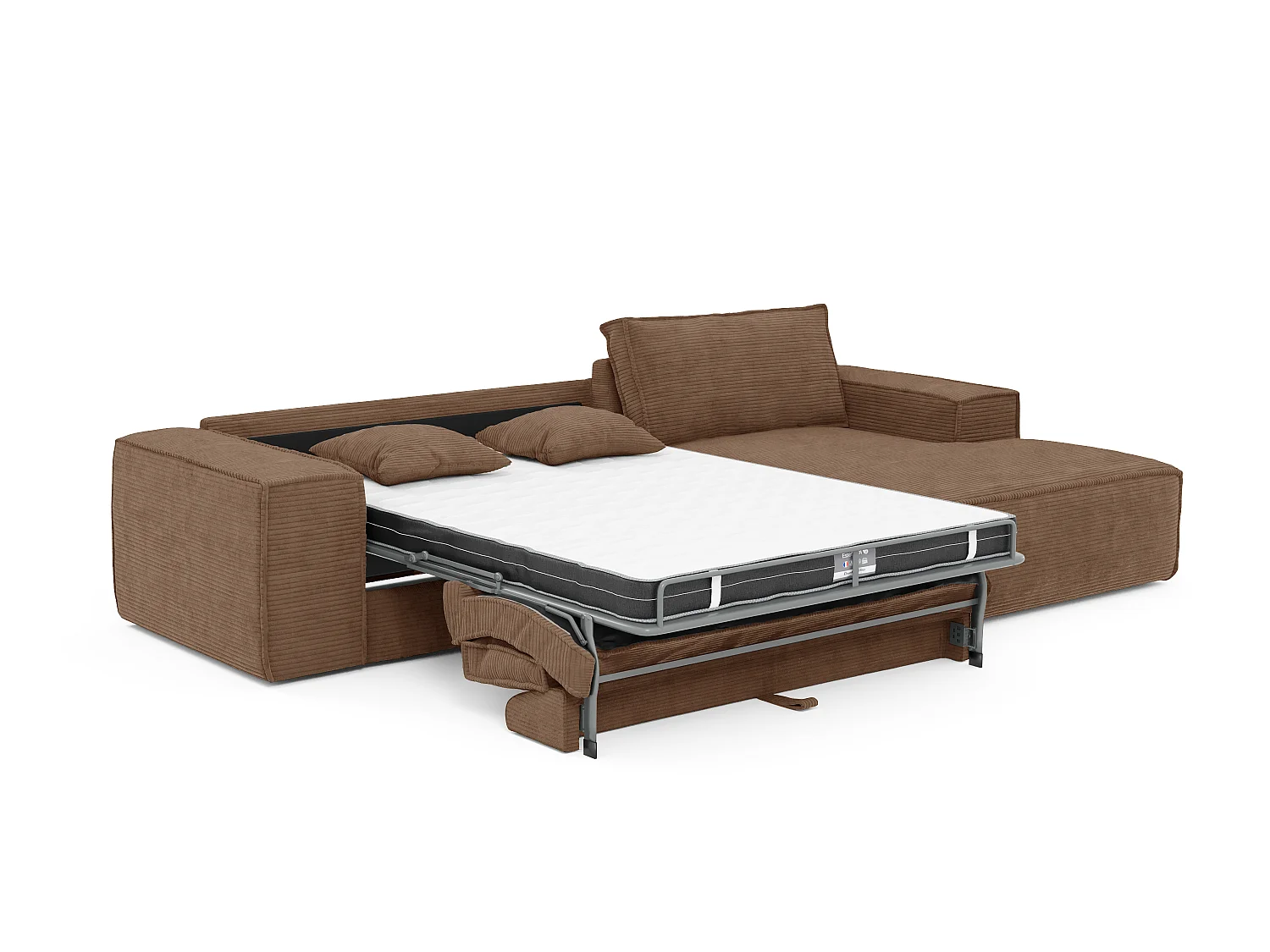 Canapé d'angle droit convertible express en velours côtelé taupe - Couchage 140 cm - Matelas 13 cm avec mémoire de forme - AMELIA