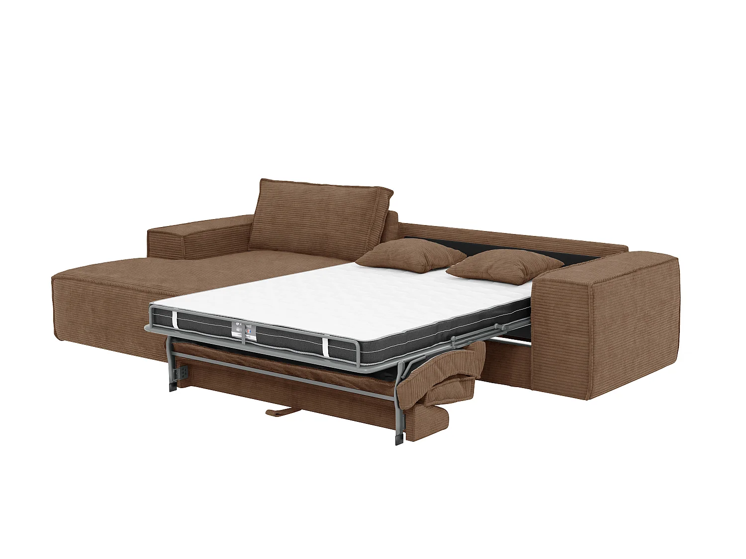 Canapé d'angle gauche convertible express en velours côtelé taupe - Couchage 140 cm - Matelas 13 cm avec mémoire de forme - AMELIA