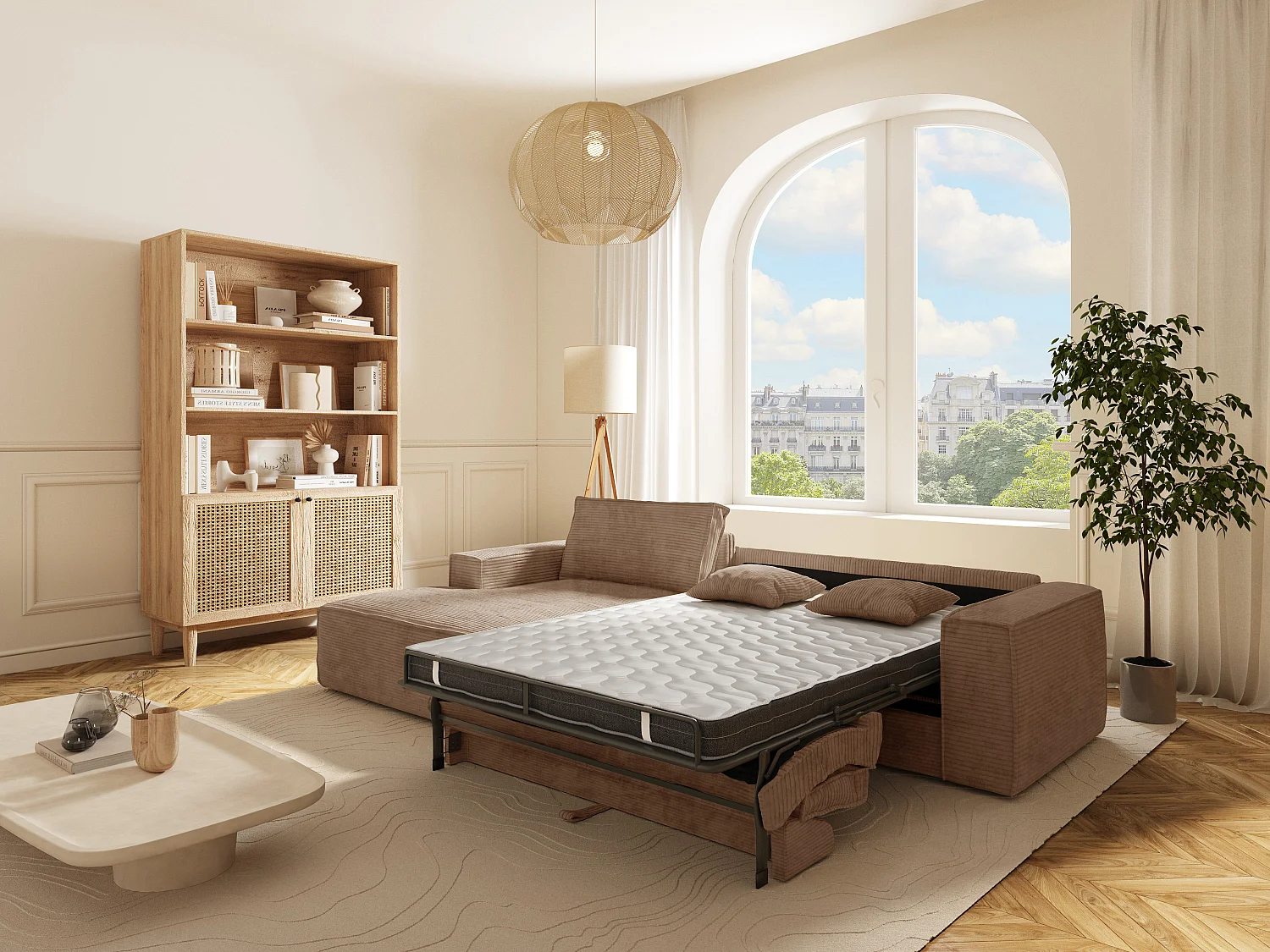 Canapé d'angle gauche convertible express en velours côtelé taupe - Couchage 140 cm - Matelas 13 cm avec mémoire de forme - AMELIA