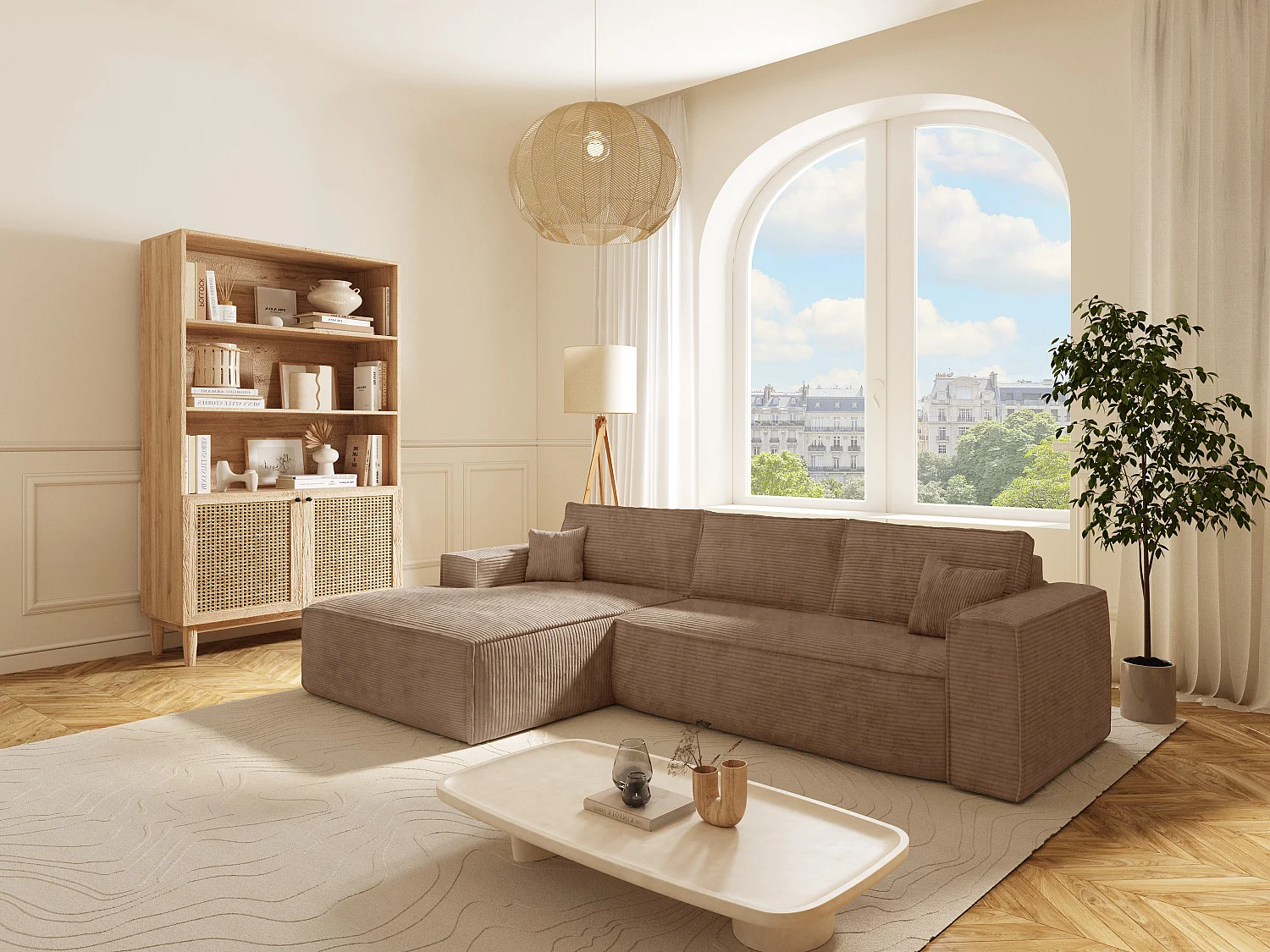 Canapé d'angle gauche convertible express en velours côtelé taupe - Couchage 140 cm - Matelas 13 cm avec mémoire de forme - AMELIA