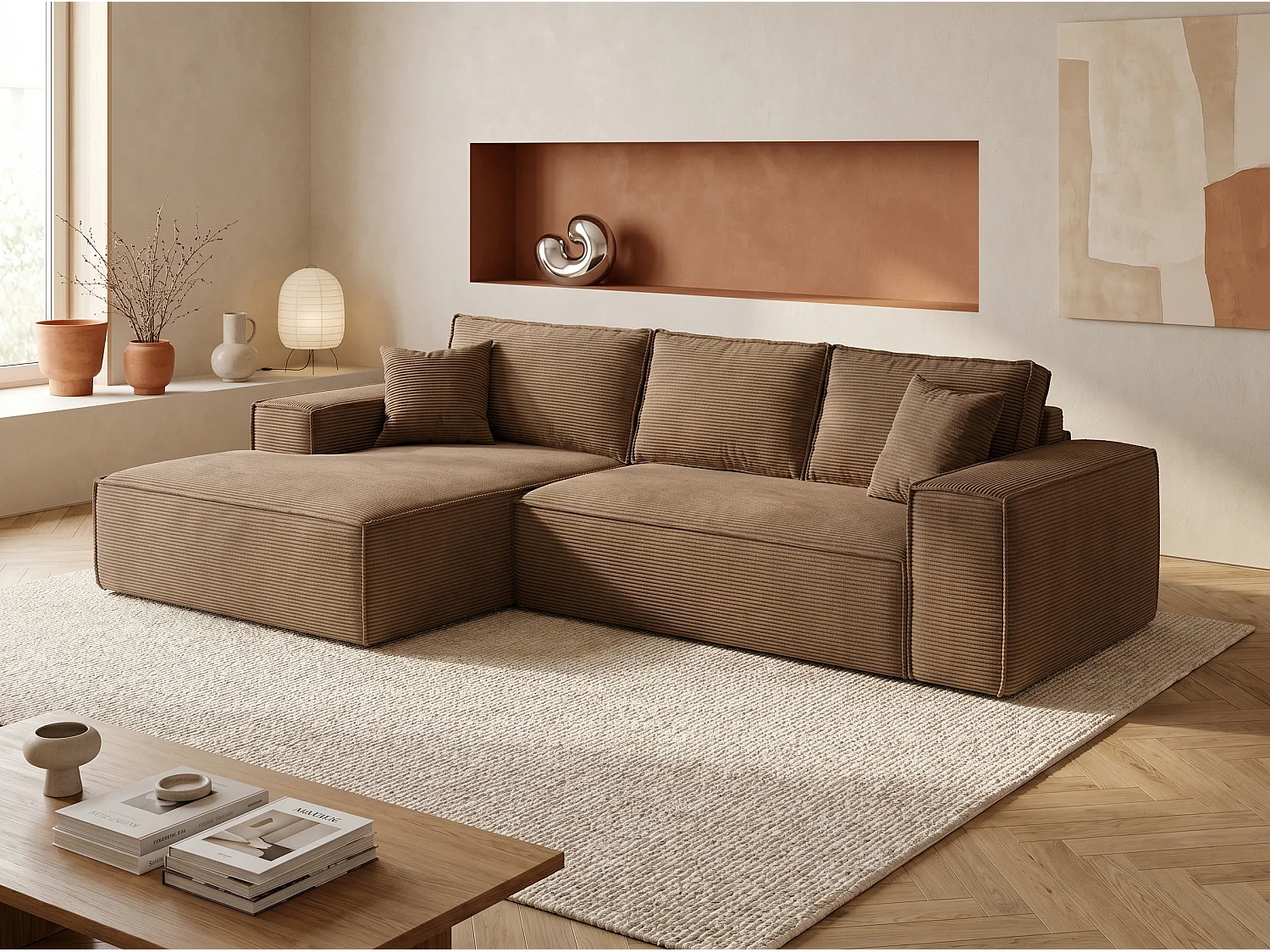 Canapé d'angle gauche convertible express en velours côtelé taupe - Couchage 140 cm - Matelas 13 cm avec mémoire de forme - AMELIA