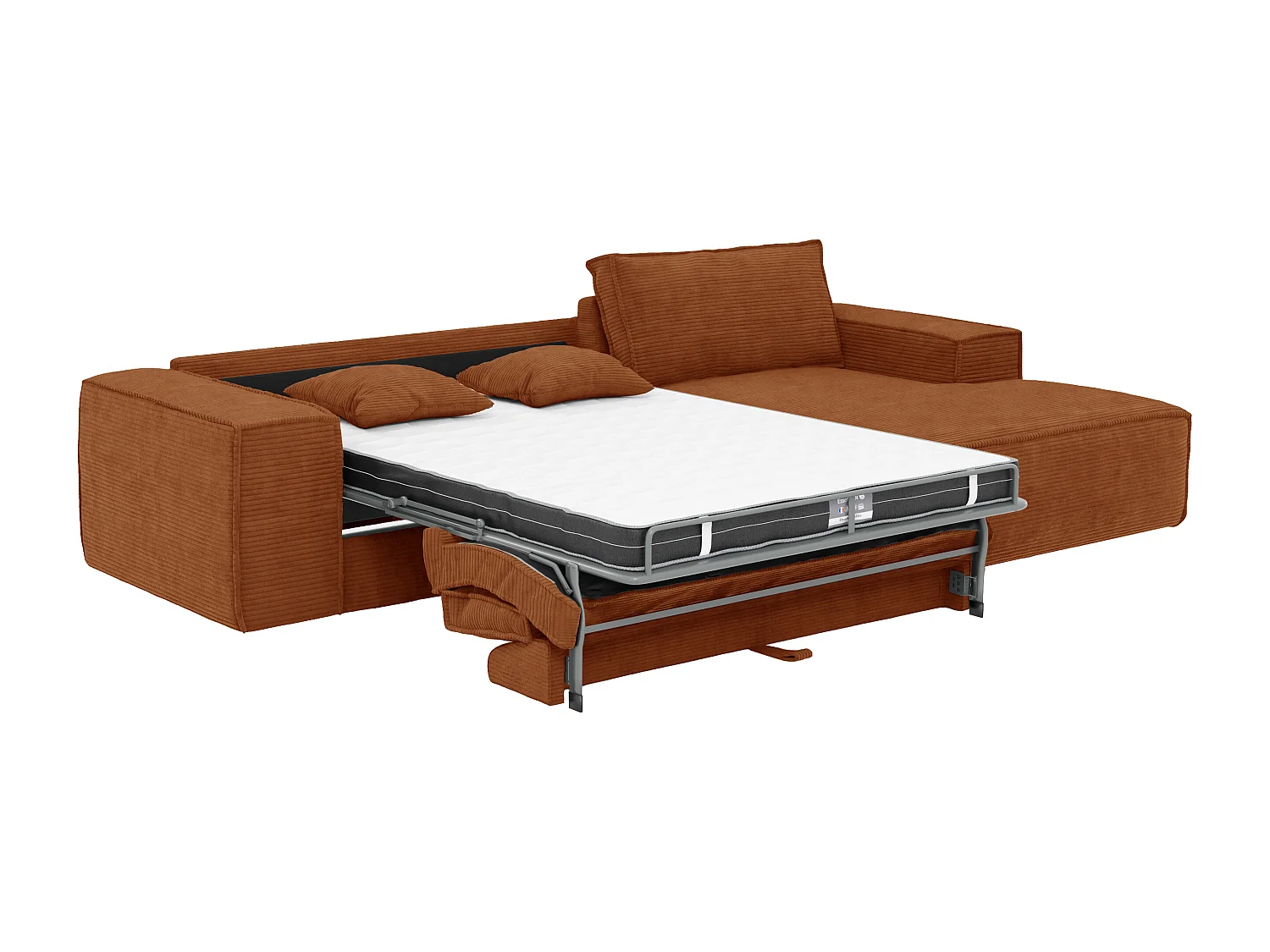 Canapé d'angle droit convertible express en velours côtelé terracotta - Couchage 140 cm - Matelas 13 cm avec mémoire de forme - AMELIA