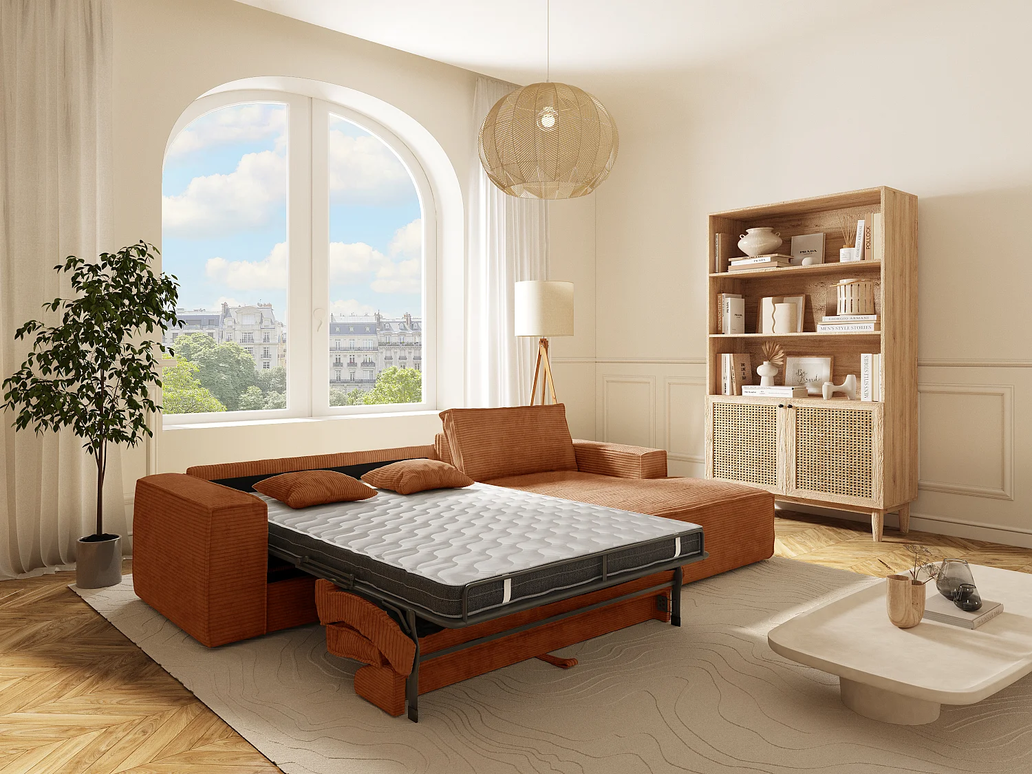 Canapé d'angle droit convertible express en velours côtelé terracotta - Couchage 140 cm - Matelas 13 cm avec mémoire de forme - AMELIA