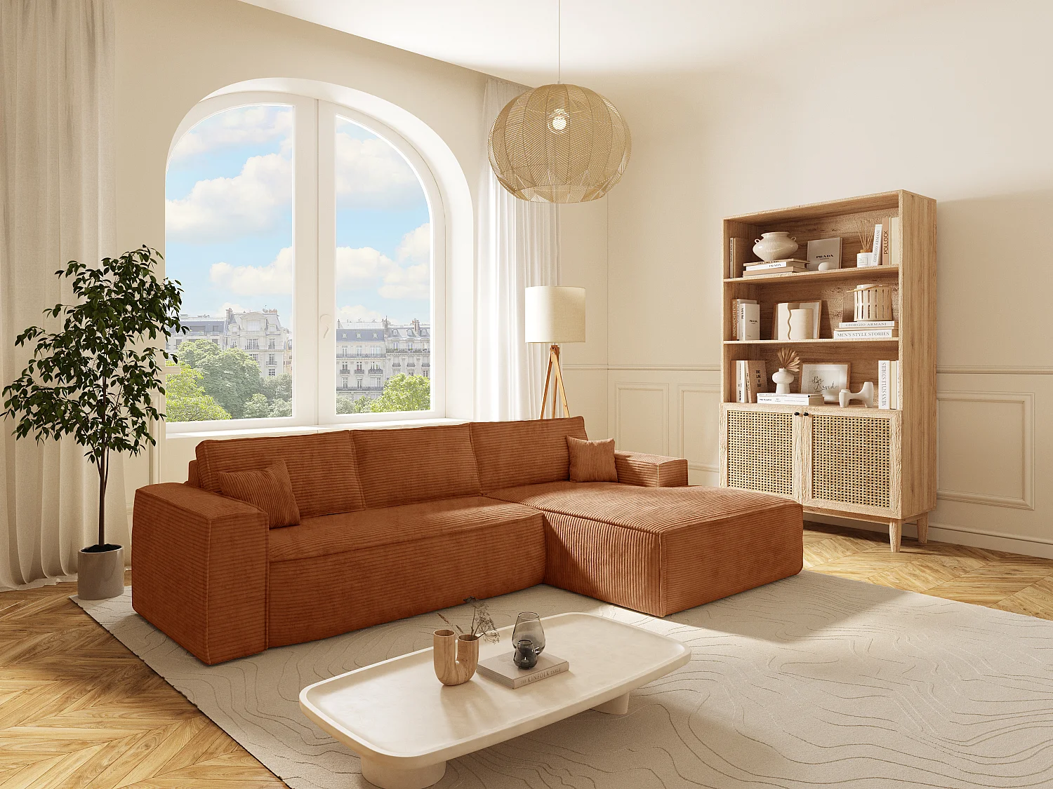 Canapé d'angle droit convertible express en velours côtelé terracotta - Couchage 140 cm - Matelas 13 cm avec mémoire de forme - AMELIA