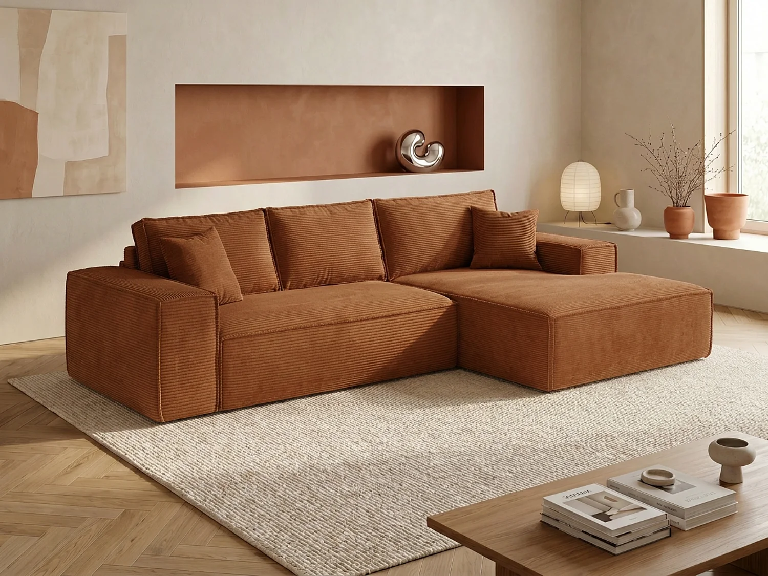 Canapé d'angle droit convertible express en velours côtelé terracotta - Couchage 140 cm - Matelas 13 cm avec mémoire de forme - AMELIA