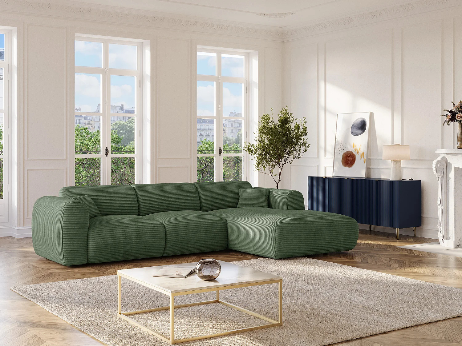 Grand canapé d'angle droit convertible express en velours côtelé vert - Matelas 13 cm mémoire de forme POGNI