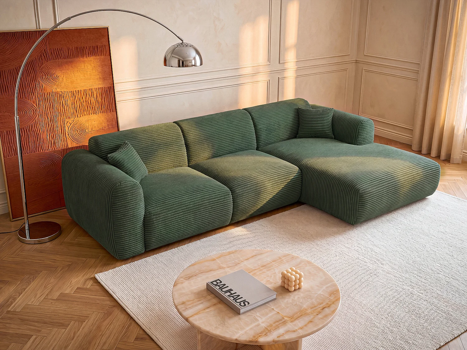 Large right-hand corner sofa bed with express opening in green corduroy velvet - 13 cm memory foam mattress POGNI
