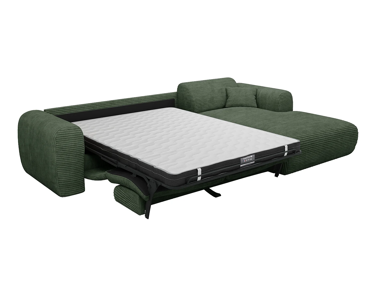 Grand canapé d'angle droit convertible express en velours côtelé vert - Matelas 13 cm mémoire de forme POGNI