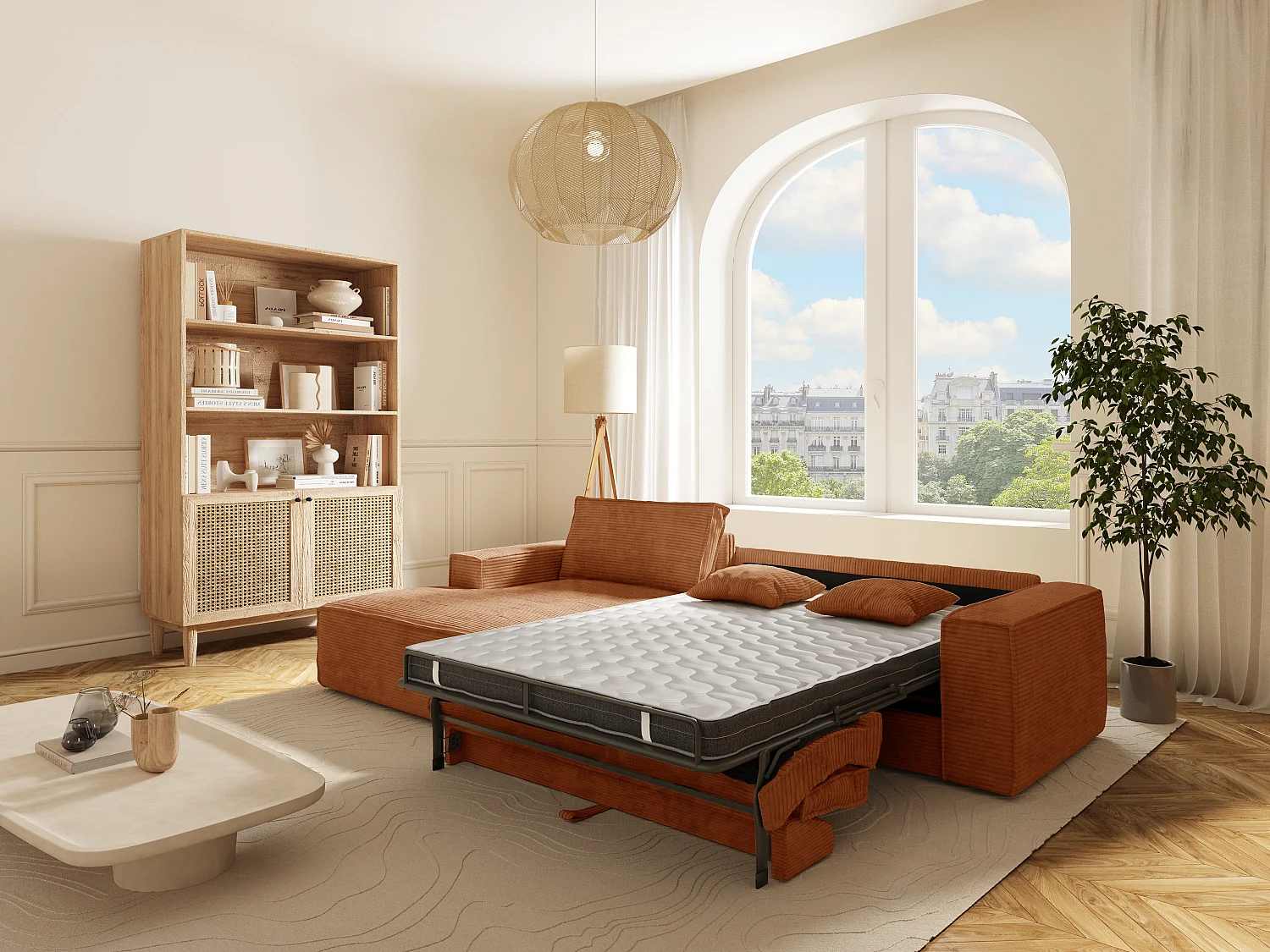 Canapé d'angle gauche convertible express en velours côtelé terracotta - Couchage 140 cm - Matelas 13 cm avec mémoire de forme - AMELIA