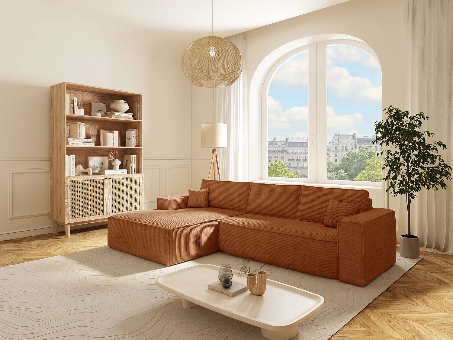 Canapé d'angle gauche convertible express en velours côtelé terracotta - Couchage 140 cm - Matelas 13 cm avec mémoire de forme - AMELIA