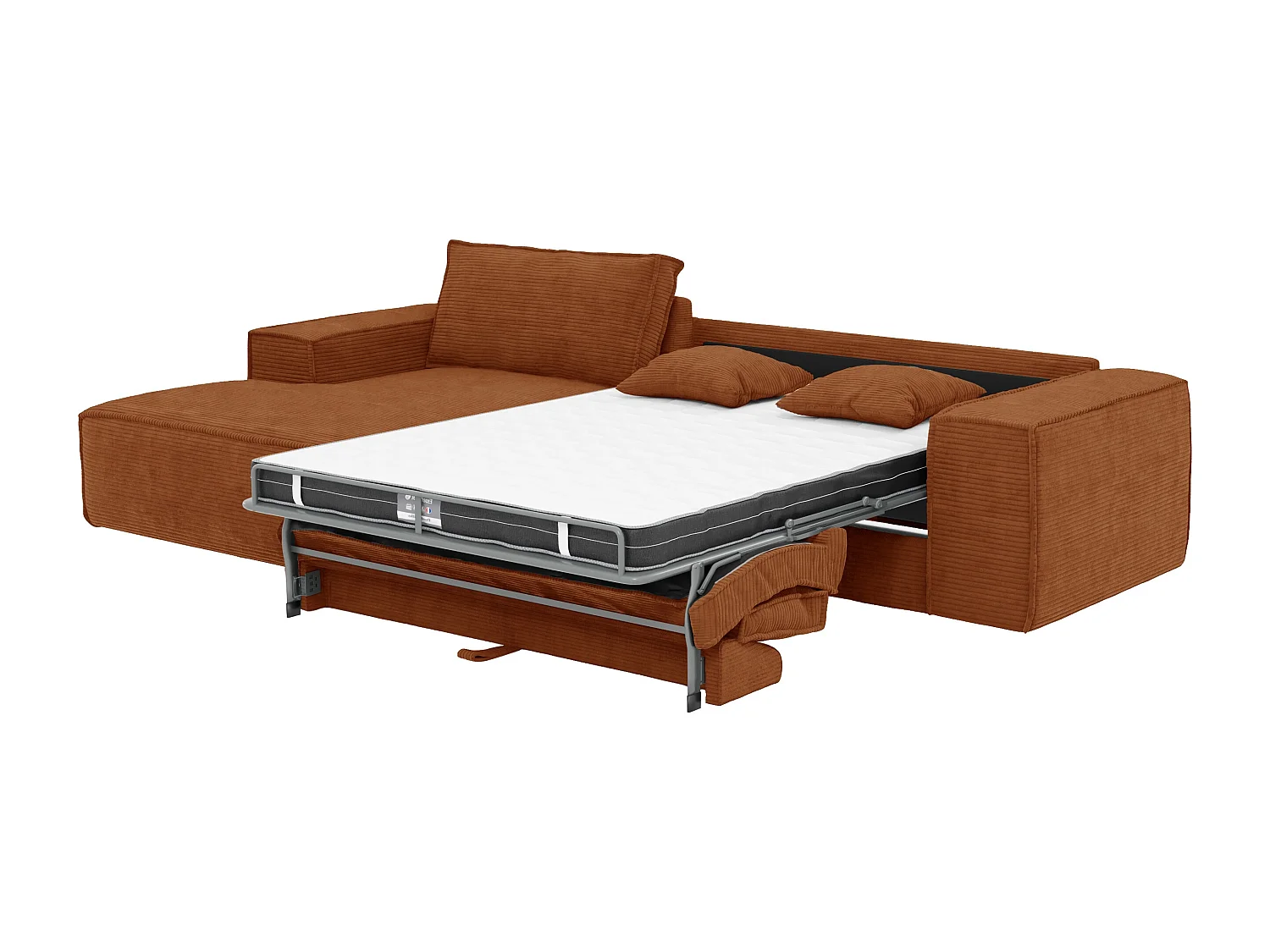 Canapé d'angle gauche convertible express en velours côtelé terracotta - Couchage 140 cm - Matelas 13 cm avec mémoire de forme - AMELIA