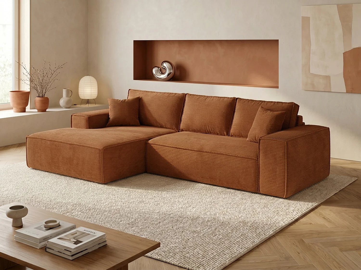 Canapé d'angle gauche convertible express en velours côtelé terracotta - Couchage 140 cm - Matelas 13 cm avec mémoire de forme - AMELIA