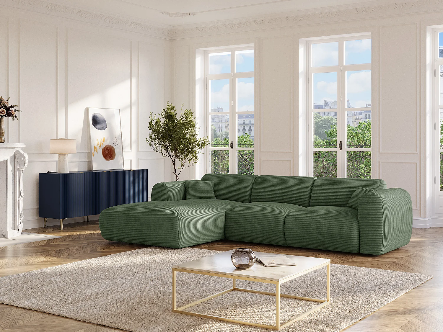 Grand canapé d'angle gauche convertible express en velours côtelé vert - Matelas 13 cm mémoire de forme POGNI