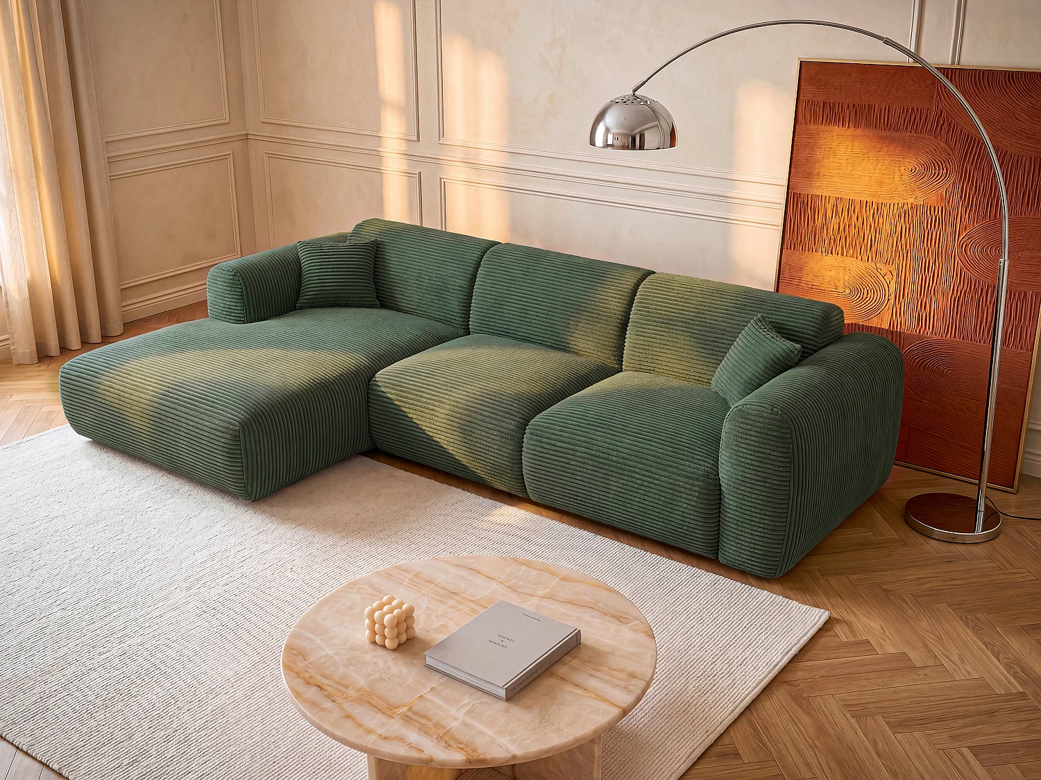 Large left-hand corner sofa bed with express opening in green corduroy velvet - 13 cm memory foam mattress POGNI