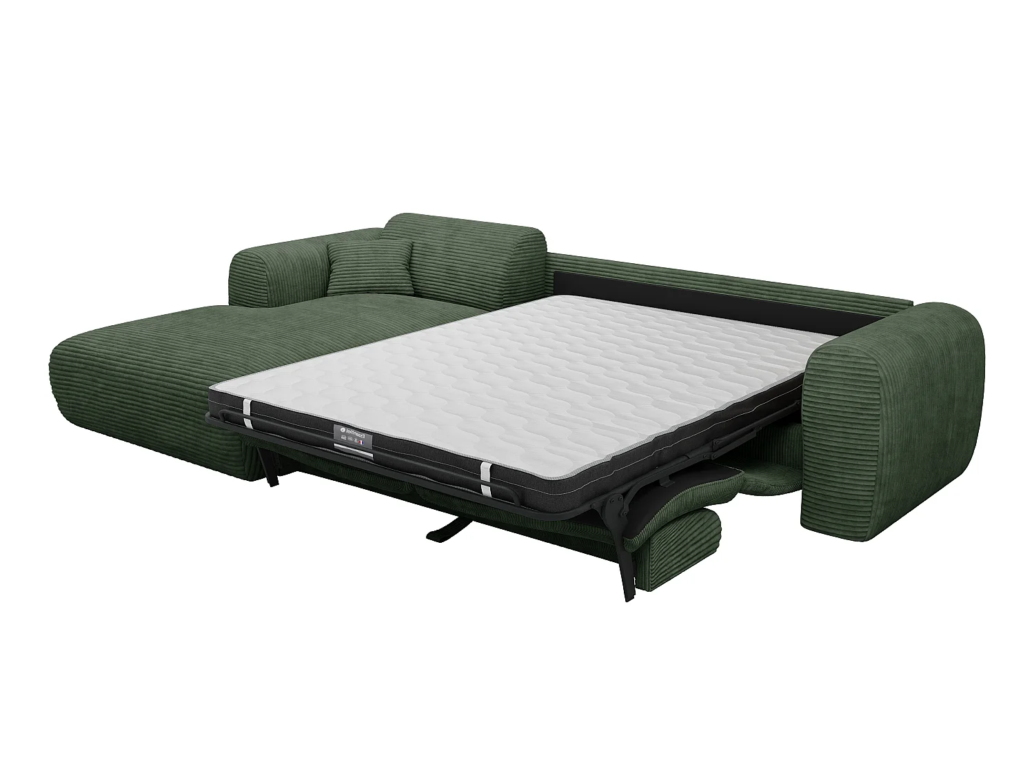 Grand canapé d'angle gauche convertible express en velours côtelé vert - Matelas 13 cm mémoire de forme POGNI