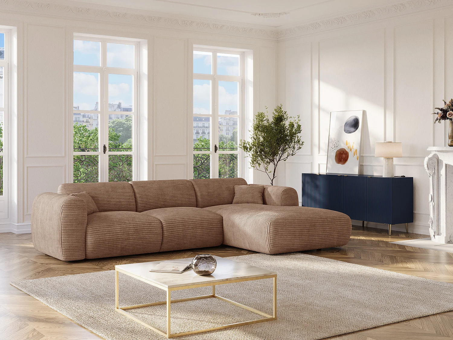 Grand canapé d'angle droit convertible express en velours côtelé taupe - Matelas 13 cm mémoire de forme POGNI