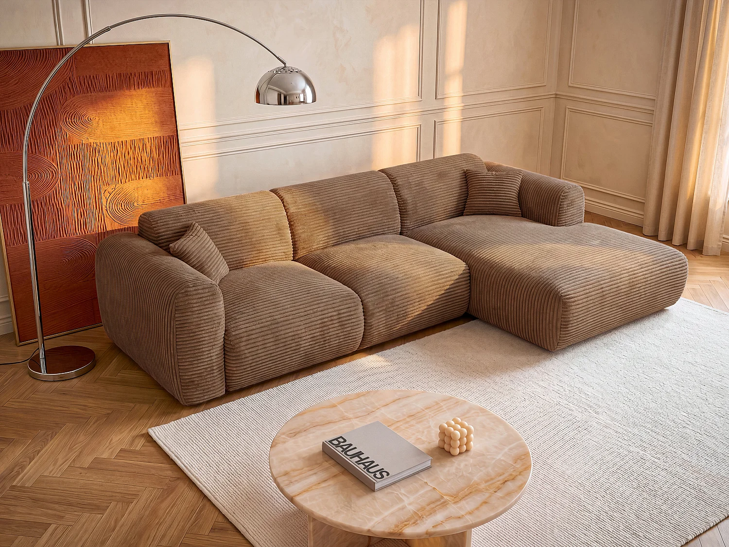 Large right-hand corner sofa bed with express opening in taupe corduroy velvet - 13 cm memory foam mattress POGNI