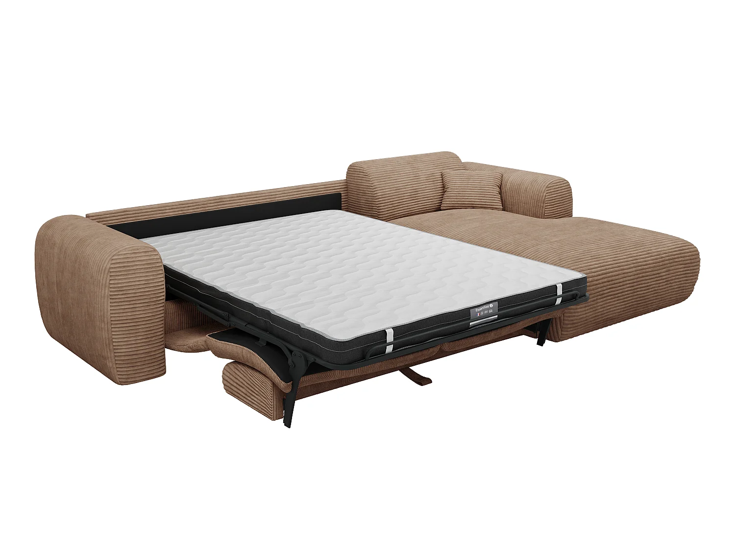 Grand canapé d'angle droit convertible express en velours côtelé taupe - Matelas 13 cm mémoire de forme POGNI