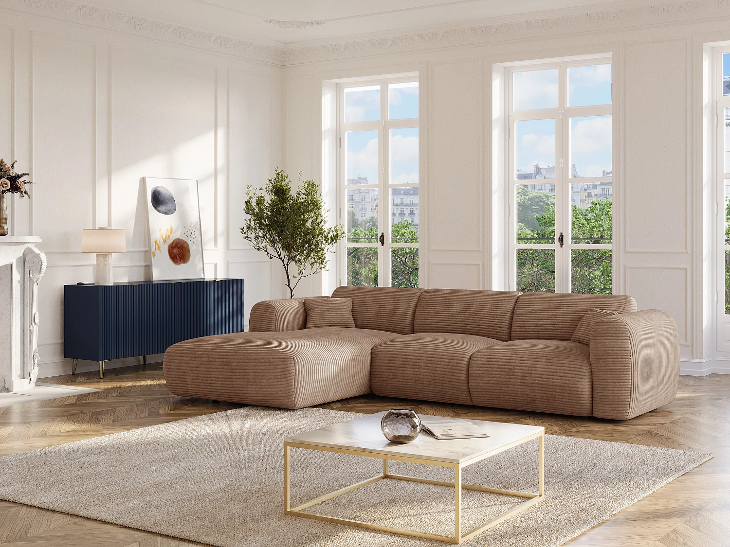 Grand canapé d'angle gauche convertible express en velours côtelé taupe - Matelas 13 cm mémoire de forme POGNI