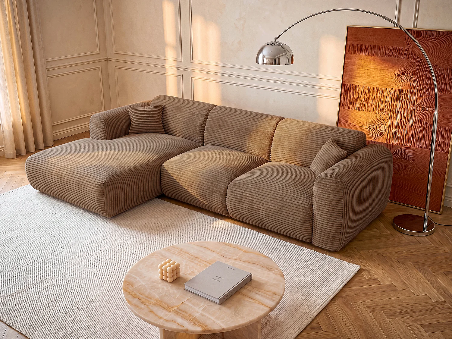 Large left-hand corner sofa bed with express opening in taupe corduroy velvet - 13 cm memory foam mattress POGNI
