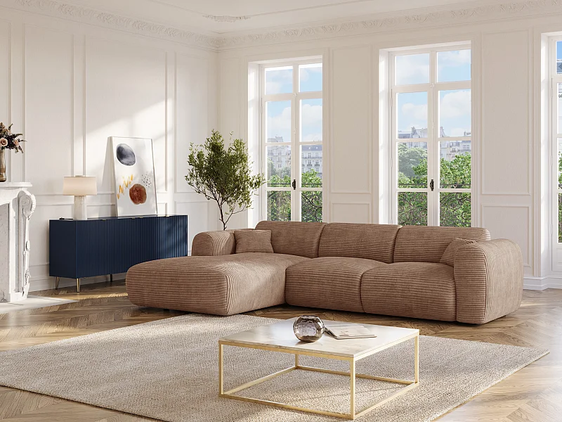 Grand canapé d'angle gauche convertible express en velours côtelé taupe - Matelas 13 cm mémoire de forme POGNI