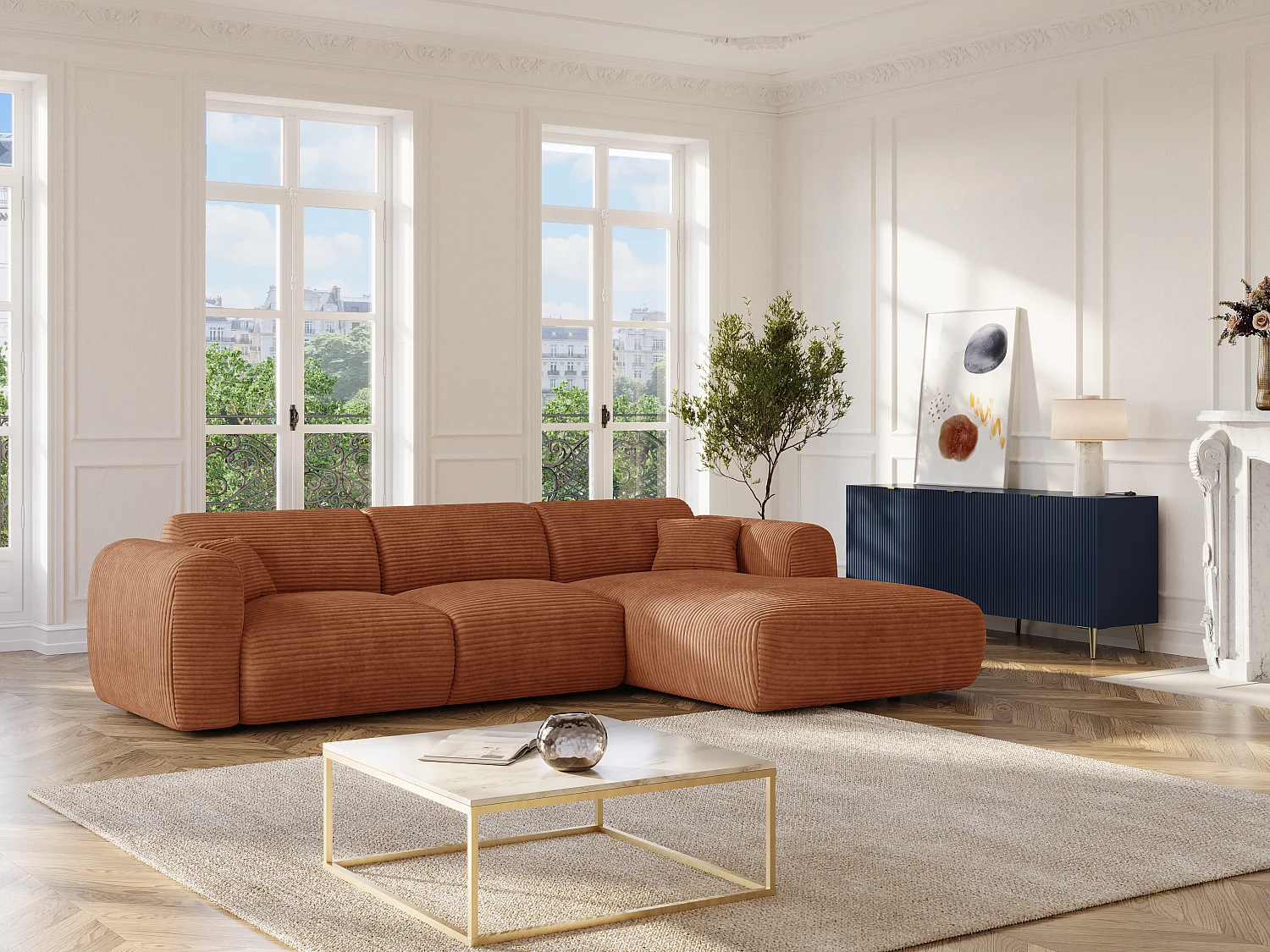 Grand canapé d'angle droit convertible express en velours côtelé terracotta - Matelas 13 cm mémoire de forme POGNI