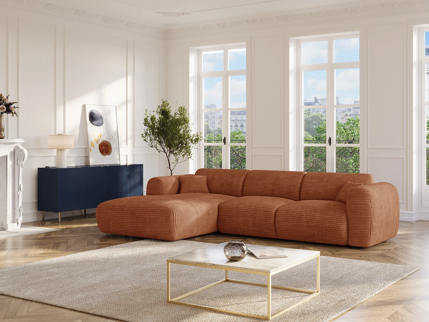 Grand canapé d'angle gauche convertible express en velours côtelé terracotta - Matelas 13 cm mémoire de forme POGNI