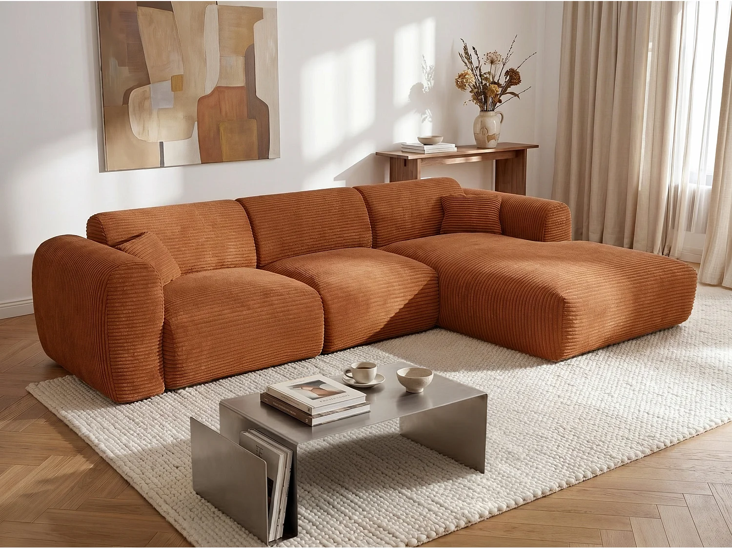 Grande divano letto angolare sinistro express in velluto a coste terracotta Materasso 13 cm memory foam - POGNI