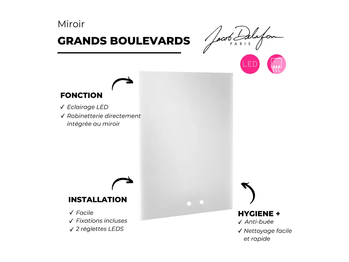 Miroir 2 trous JACOB DELAFON pour mitigeurs Grands Boulevards 60 cm