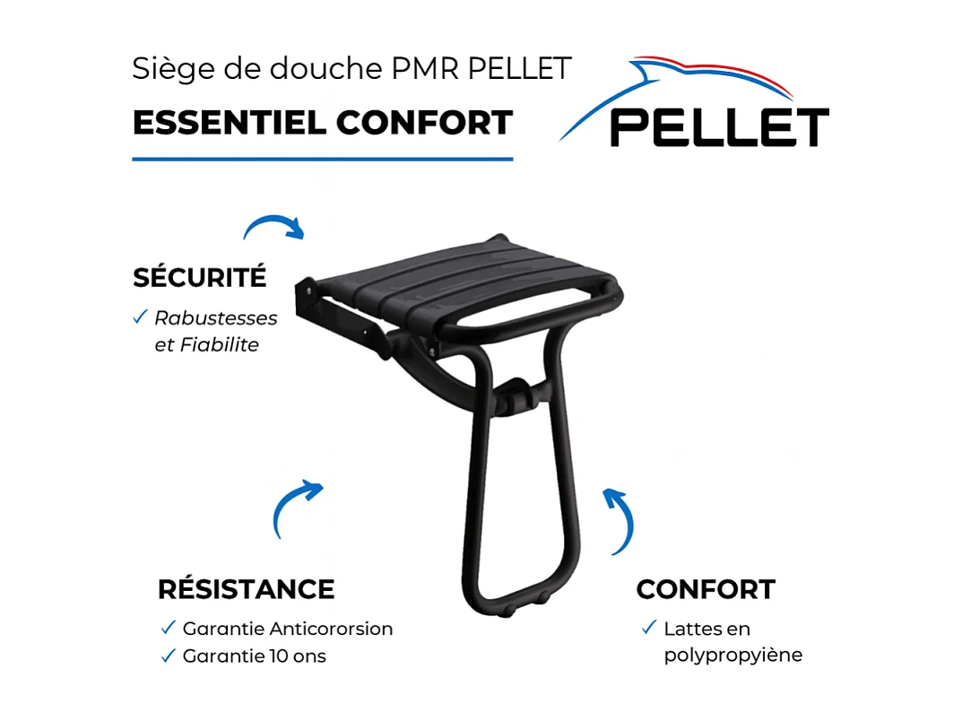 Pack avec siège de douche PMR PELLET escamotable noir mat + 2 barres d'appui 42,5 cm