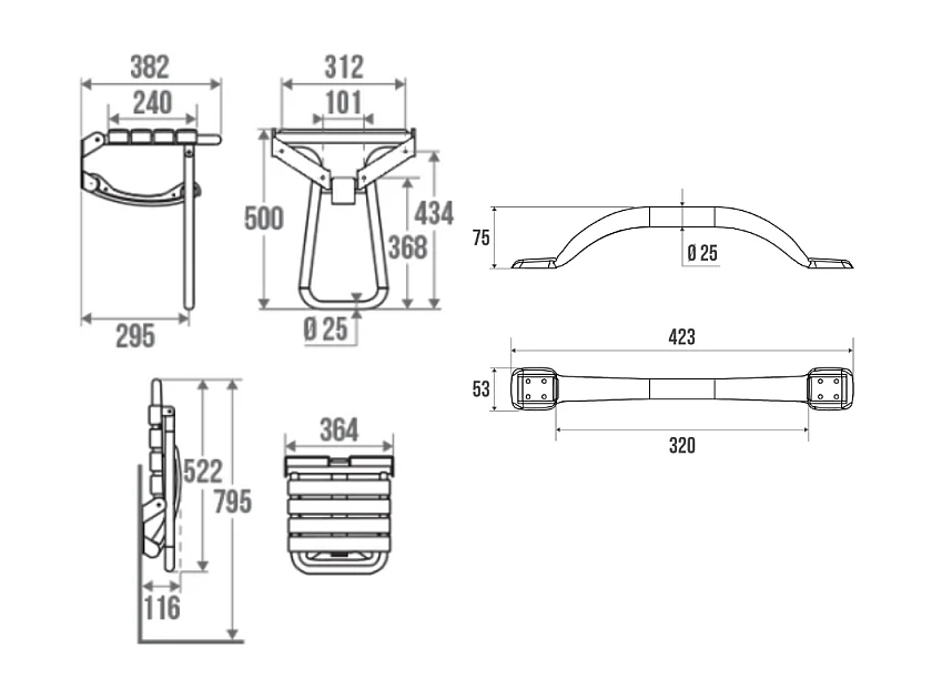 Pack avec siège de douche PMR PELLET escamotable noir mat + 2 barres d'appui 42,5 cm