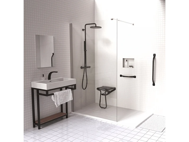 Pack avec siège de douche PMR PELLET escamotable noir mat + 2 barres d'appui 42,5 cm