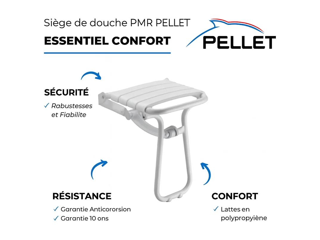 Pack avec siège de douche PMR PELLET escamotable blanc brillant + 2 barres d'appui 42,5 cm