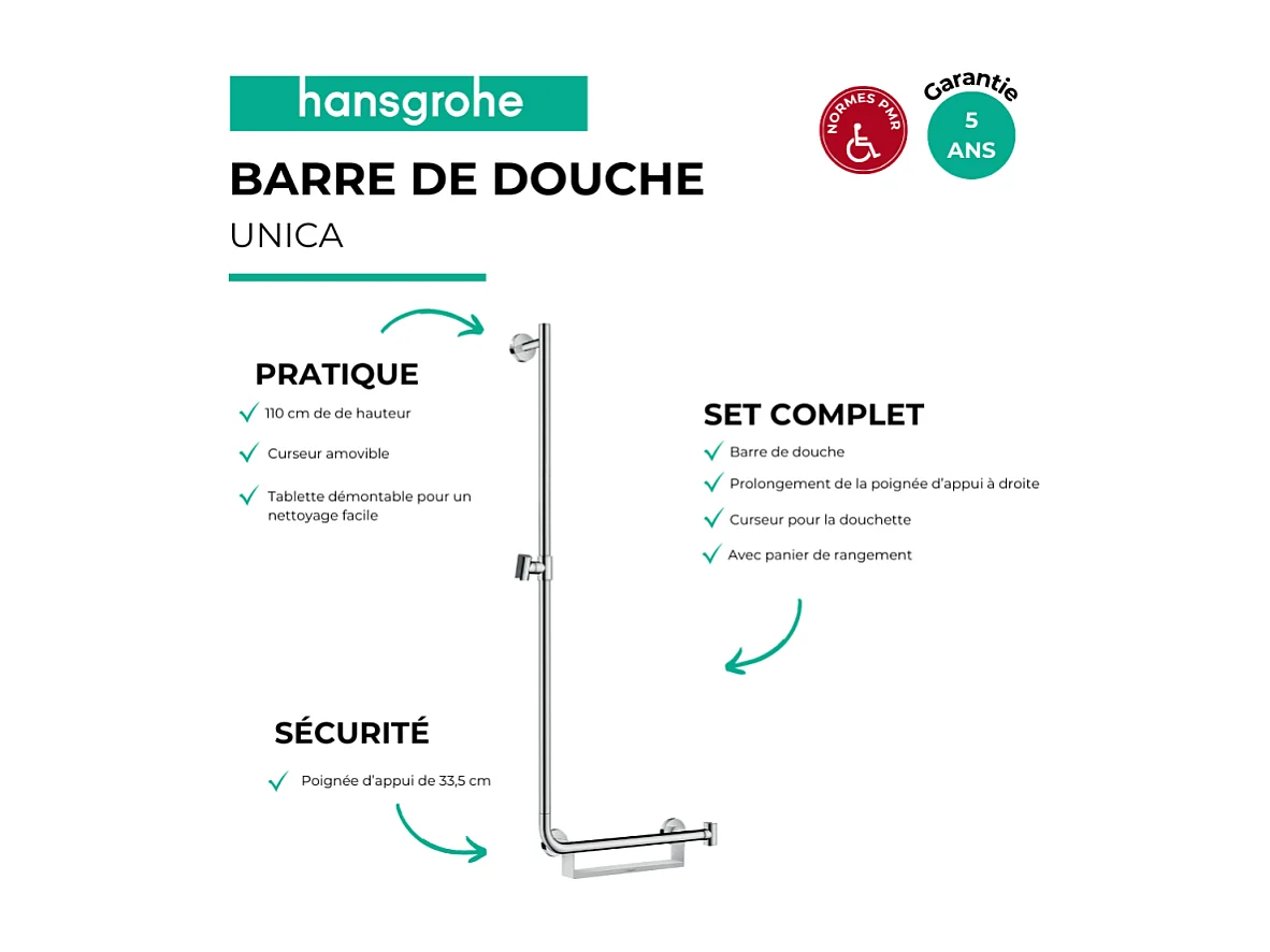 Barre de douche PMR HANSGROHE Unica 110 cm avec poignée à droite chromé