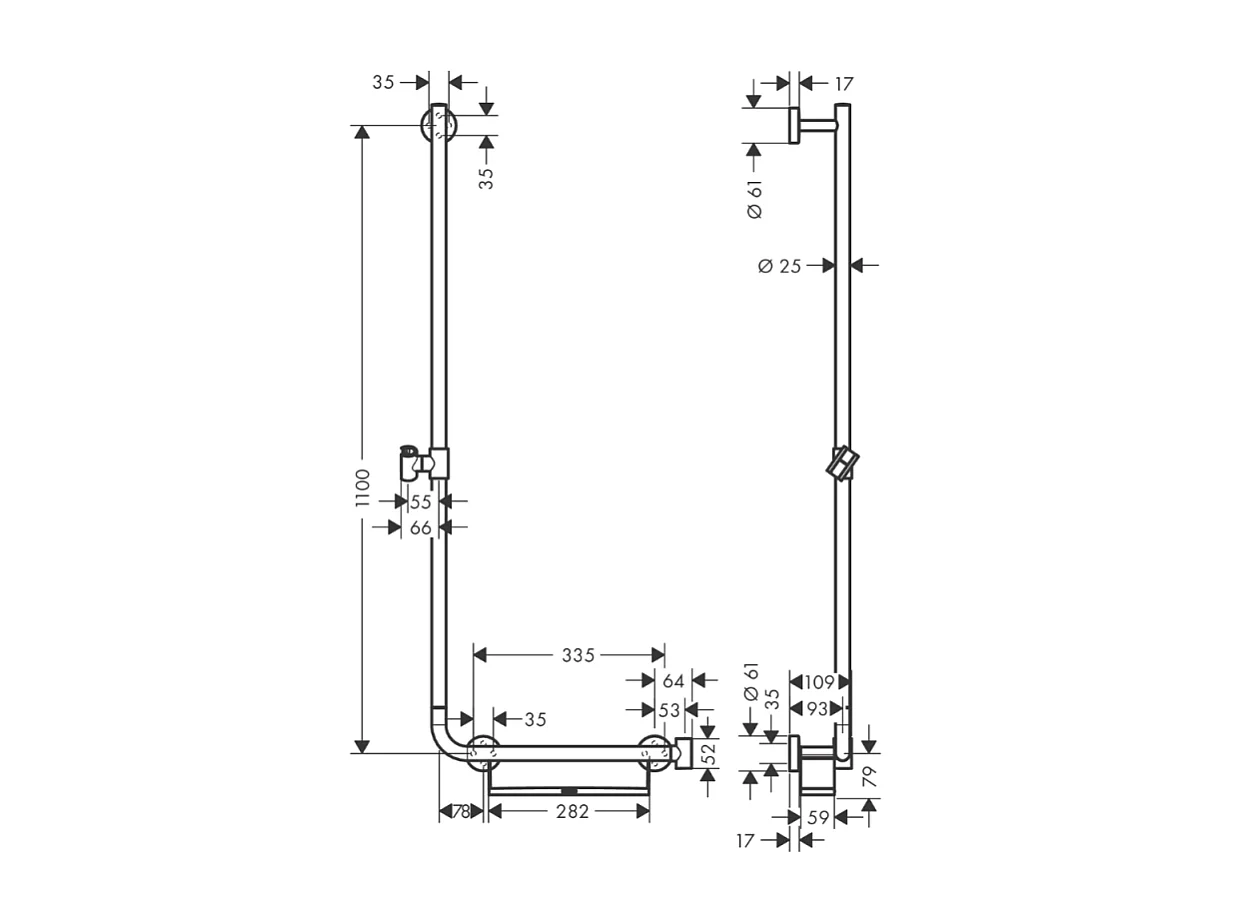 Barre de douche PMR HANSGROHE Unica 110 cm avec poignée à droite chromé